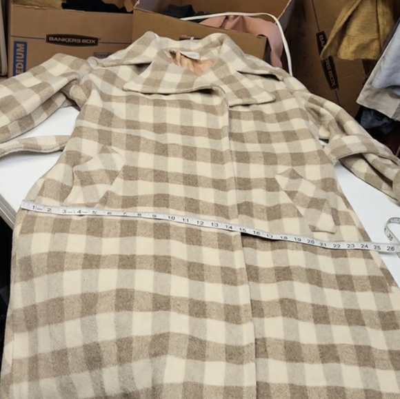Vintage Diamond's Long Wool-Blend Oatmeal Plaid Open Front Belted Size: M - Picture 10 of 11